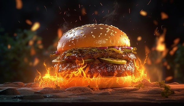 hamburger la nuit avec des flammes sur la grille