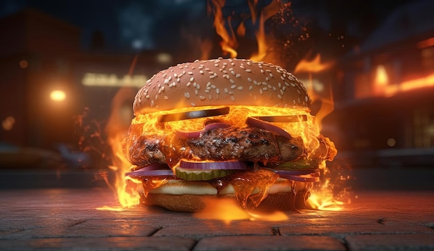 hamburger la nuit avec des flammes sur la grille