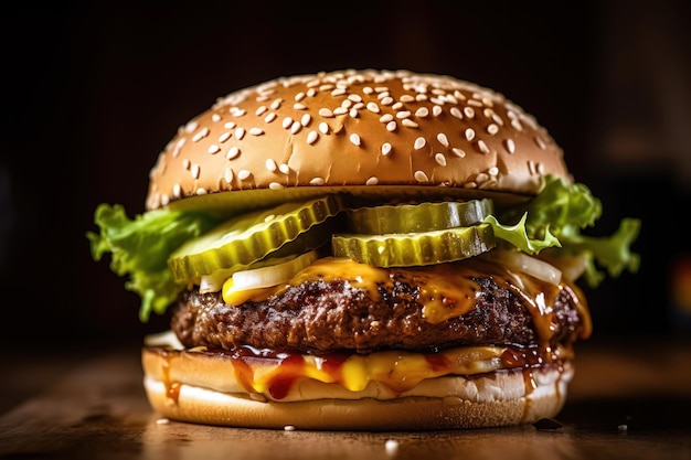 Un hamburger avec des oignons au fromage et des cornichons sur une table en bois