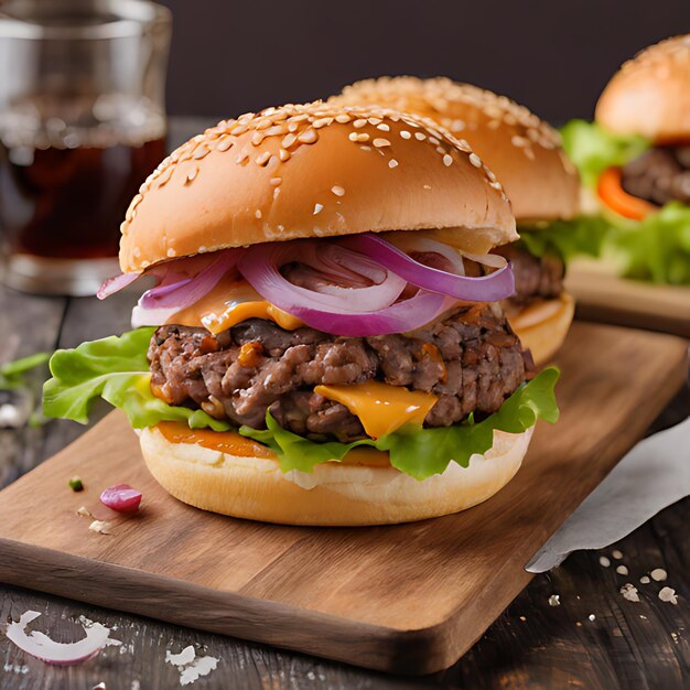 Photo un hamburger avec des oignons et des oignes sur une planche en bois