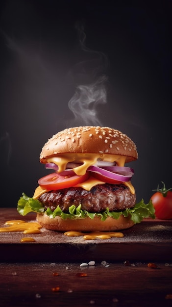 Un hamburger avec un pain fumé et une tomate sur une table en bois.