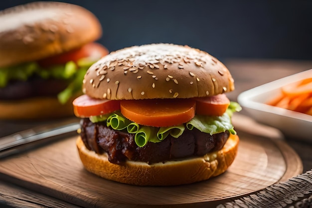 un hamburger avec un pain de graines de sésame sur une planche en bois