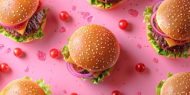 un hamburger avec un pain et des tomates cerise sur un fond rose