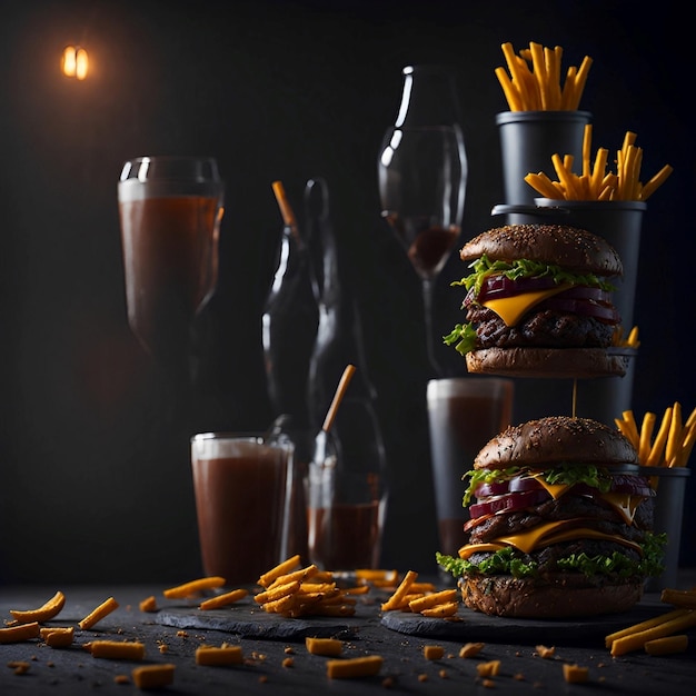 Photo un hamburger avec un paquet de frites et une tasse de soda remplie de jus.