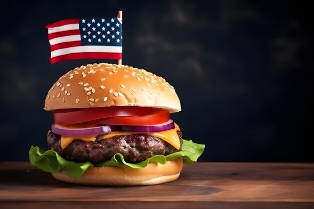 Hamburger Avec Petit Drapeau Am ricain Dessus Fond Sombre Th me Fier hamburger-avec-petit-drapeau-am-ricain-dessus-fond-sombre-th-me-fier