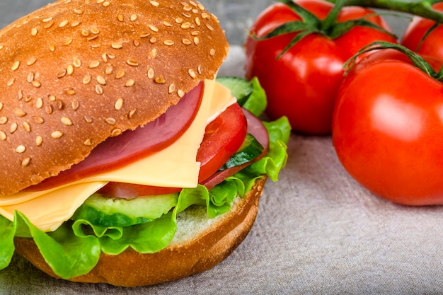 Photo hamburger sur un petit pain aux graines de sésame avec fromage jambon tomates concombres et herbes fraîches sur fond de tomates fraîches