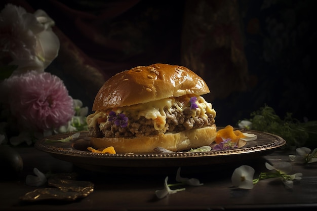 Un hamburger avec un petit pain et une fleur dessus