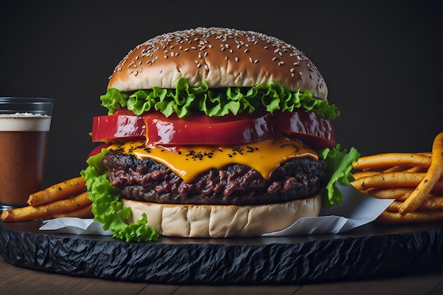 Un hamburger avec un petit pain et des frites sur une plaque noire