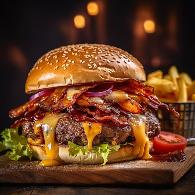 Un hamburger avec un petit pain et des frites sur une table en bois.