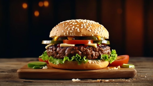 Un hamburger avec un petit pain et de la laitue dessus