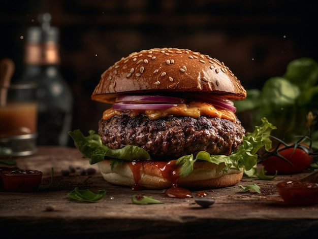 Un hamburger avec un petit pain et de la laitue dessus