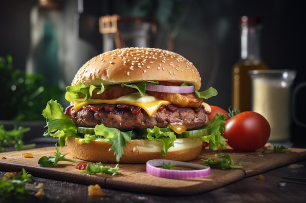 Un hamburger avec un petit pain et des légumes sur une planche de bois.