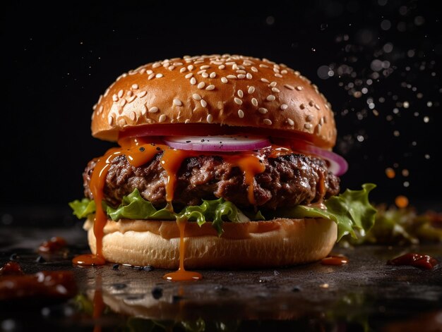 Un hamburger avec un petit pain et de la sauce dessus