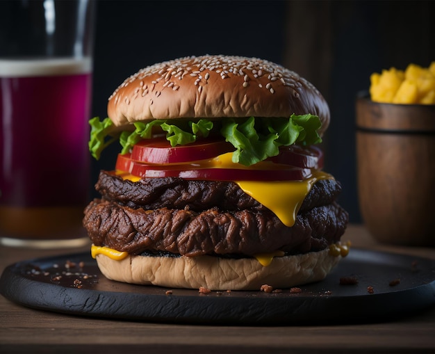 Un hamburger avec un petit pain et une tomate dessus