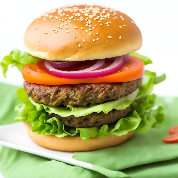 Hamburger sur une planche à couper avec de la laitue, de la tomate et de l'oignon