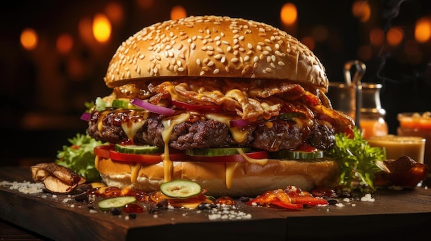 hamburger plein de viande et de légumes et de mayonnaise fondue sur une table en bois et un fond flou