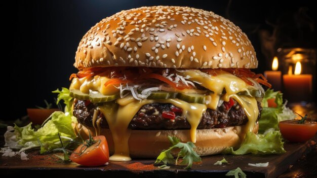 Photo hamburger plein de viande et de légumes et de mayonnaise fondue sur une table en bois et un fond flou