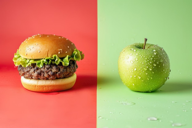 un hamburger et une pomme verte Le choix entre une bonne et une mauvaise nutrition