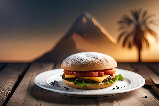 Un hamburger avec une pyramide en arrière-plan
