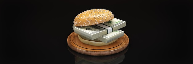 Hamburger avec rendu 3D des billets de banque en dollars