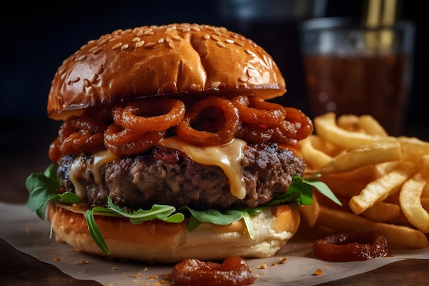 Un hamburger avec des rondelles d'oignon et de la laitue dessus