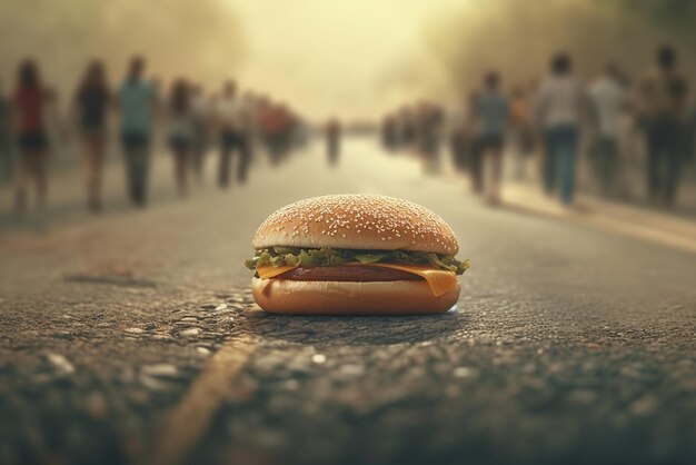 Hamburger sur la route avec des gens en arrière-plan rendu 3d