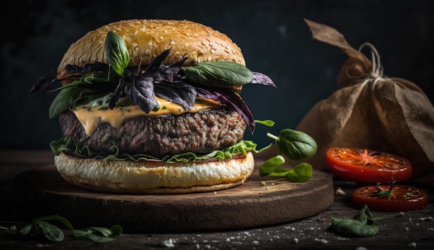 Un hamburger avec un sac de tomate sur une table en bois