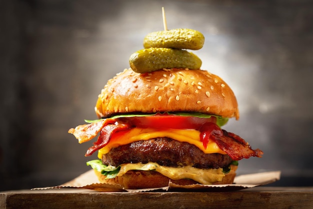 Hamburger avec salade de bacon au fromage et légumes