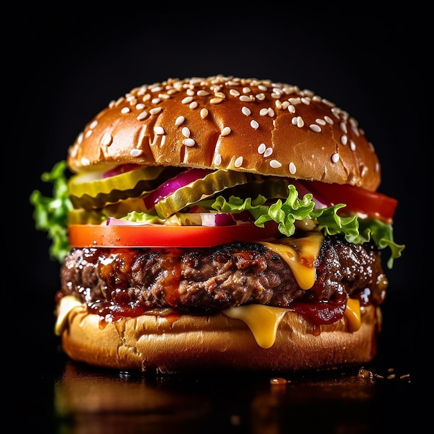 Un hamburger avec une salade verte et une sauce tomate.