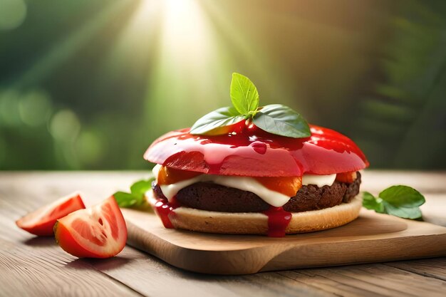 Un hamburger avec de la sauce aux fraises et de la confiture de fraises dessus