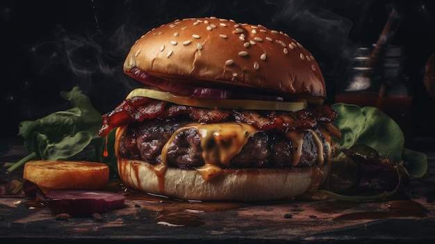 Un hamburger avec sauce barbecue et fromage dessus