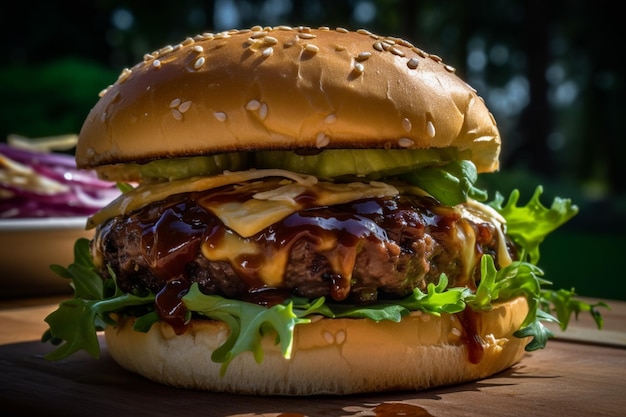 Un hamburger avec sauce barbecue et sauce barbecue dessus