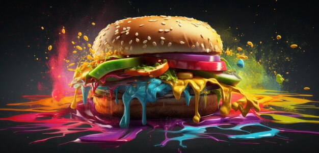 Un hamburger avec une sauce colorée dessus