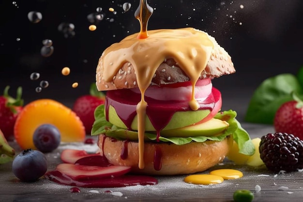 Un hamburger avec une sauce dégoulinant du dessus.