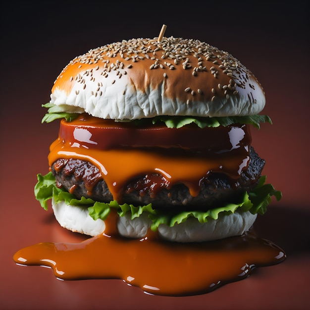 Un hamburger avec une sauce dessus et un fond marron.