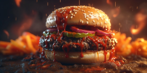 Un hamburger avec une sauce dessus et le mot barbecue sur le côté.