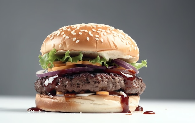 Un hamburger avec une sauce rouge dessus