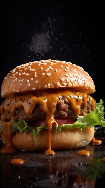 Un hamburger avec une sauce tomate dessus