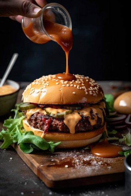 Un hamburger avec une sauce versée dessus