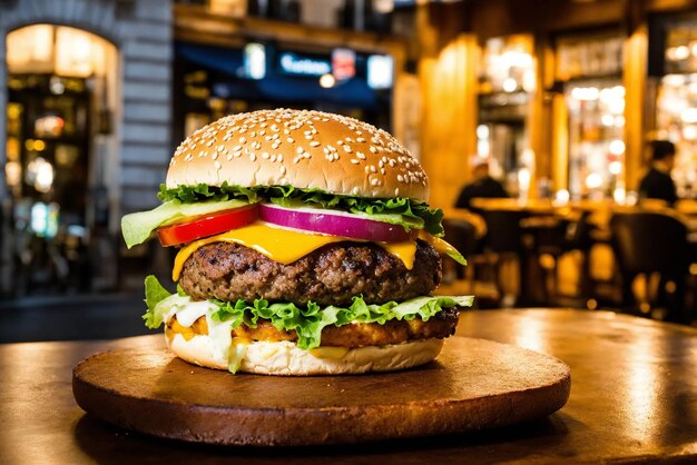 Photo un hamburger savoureux sur une planche de bois sur un fond sombre