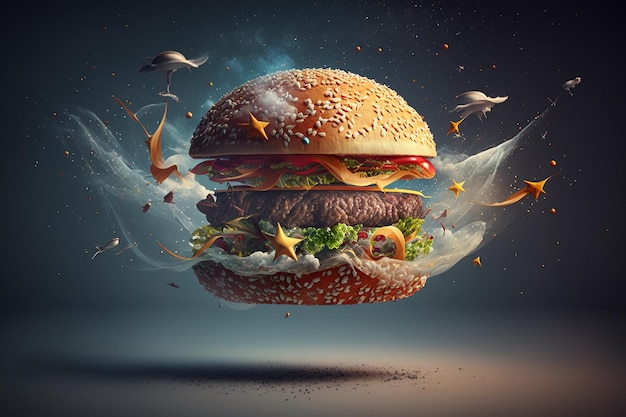 Un hamburger avec une soucoupe volante et les mots fast food