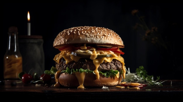 Hamburger de style McDonalds avec fromage et légumes sur fond sombre