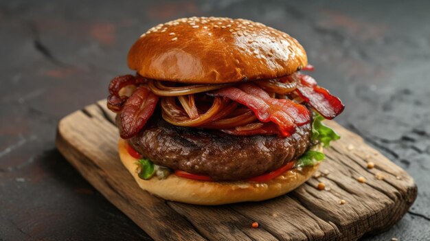 Un hamburger succulent avec du bacon croustillant, des oignons grillés, de la laitue fraîche et des tranches de tomates sur une planche en bois.