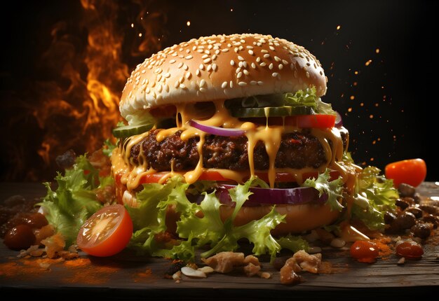 Hamburger sur table en bois avec des flammes sur fond gros plan