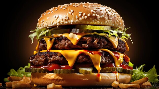 Hamburger sur une table en bois avec un fond flou