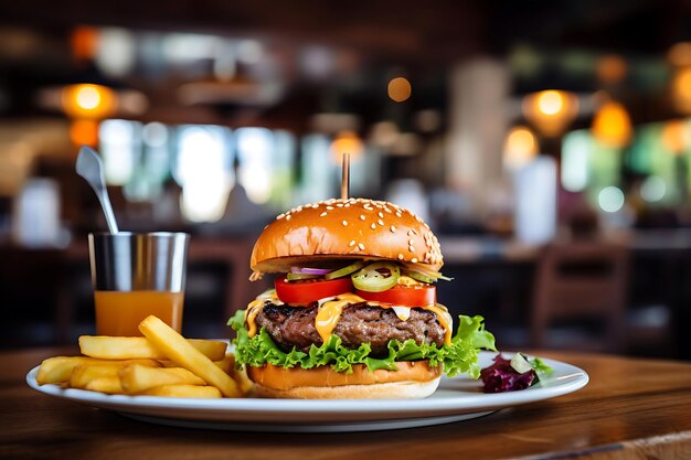 Photo hamburger sur une table en bois avec un fond de restaurant flou