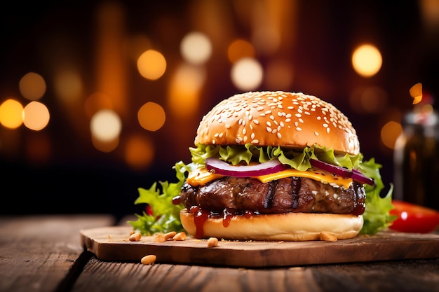 Hamburger sur une table en bois avec un fond de restaurant flou