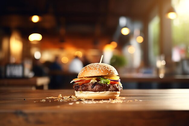 Photo hamburger sur une table en bois avec un fond de restaurant flou
