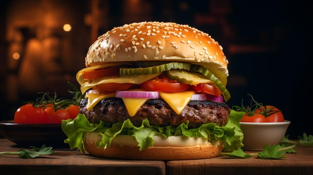 hamburger sur une table en bois