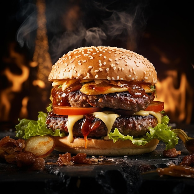 hamburger sur une table en bois